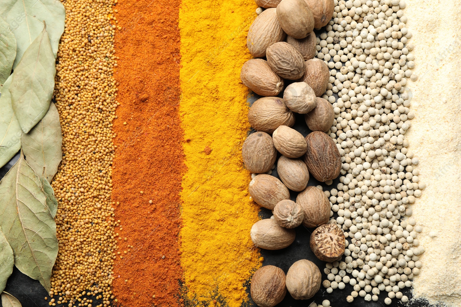 Many different spices as background, top view Photo of Many different spices as background, top view