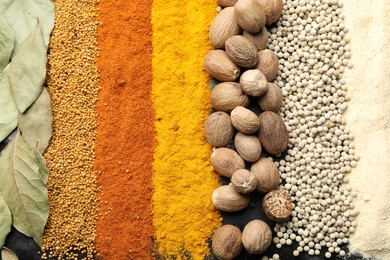 Photo of Many different spices as background, top view