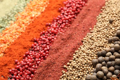 Photo of Many different spices as background, closeup view