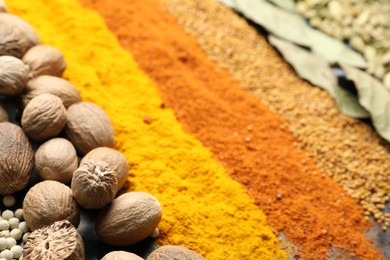 Photo of Many different spices as background, closeup view