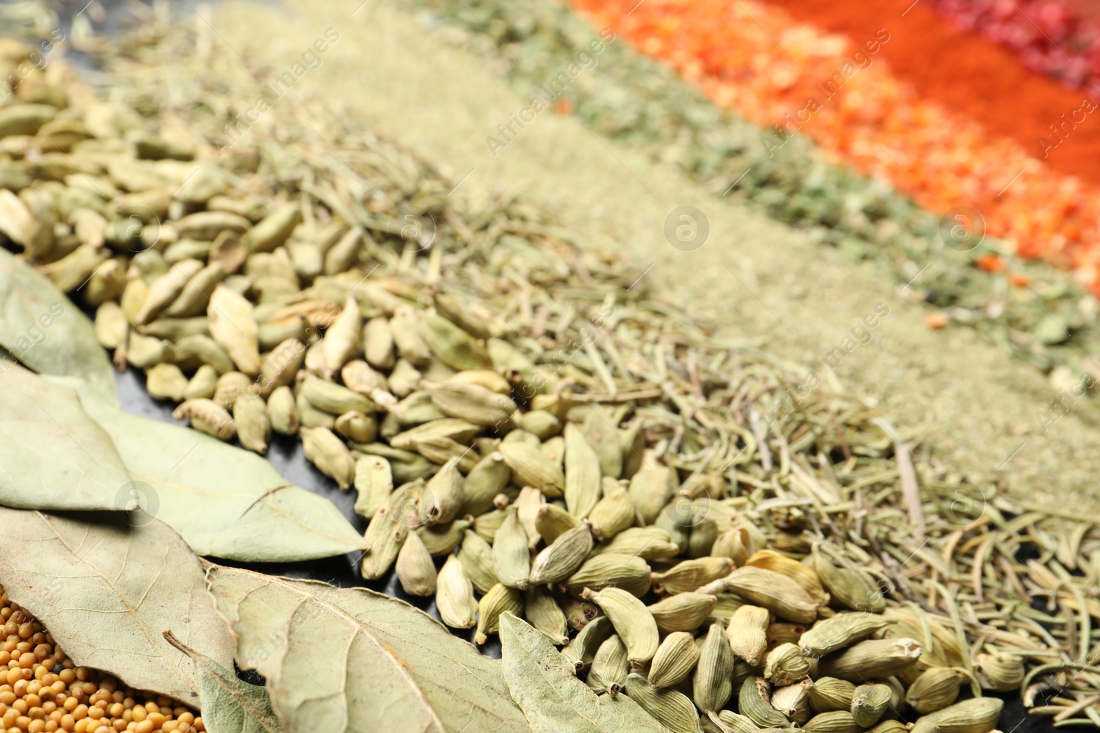 Many different spices as background, closeup view Photo of Many different spices as background, closeup view