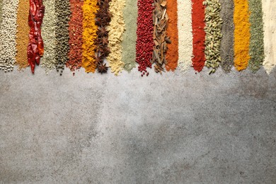 Photo of Many different spices on grey table, flat lay. Space for text