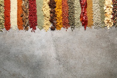 Photo of Many different spices on grey table, flat lay. Space for text
