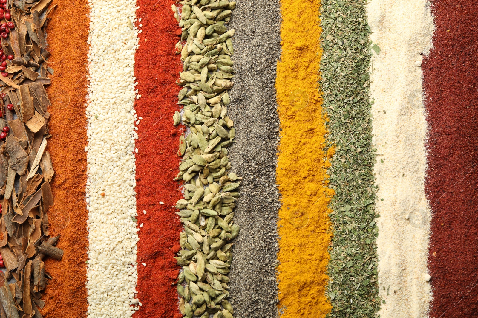 Many different spices as background, top view Photo of Many different spices as background, top view