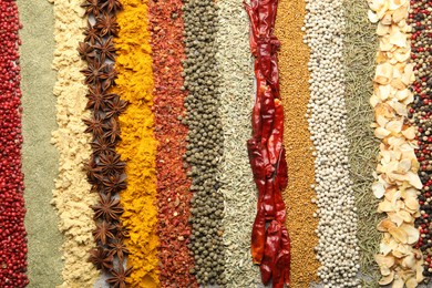 Photo of Many different spices as background, top view