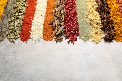 Photo of Many different spices on light grey table, closeup. Space for text