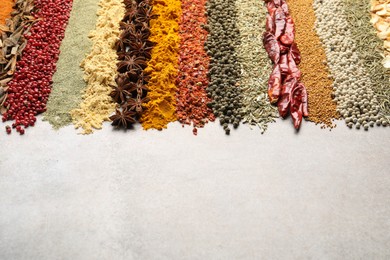 Photo of Many different spices on light grey table, closeup. Space for text