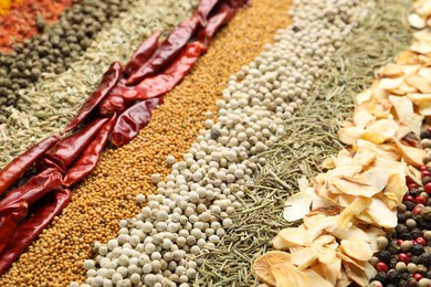 Photo of Many different spices as background, closeup view