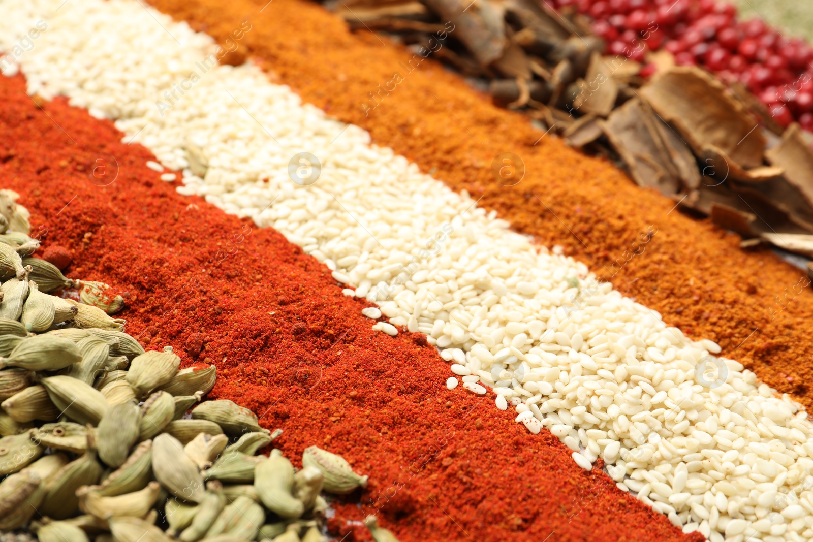 Many different spices as background, closeup view Photo of Many different spices as background, closeup view
