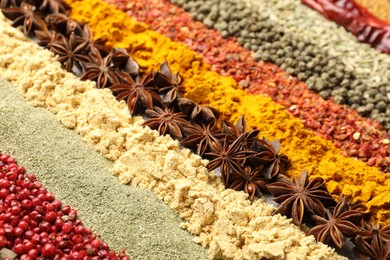 Photo of Many different spices as background, closeup view