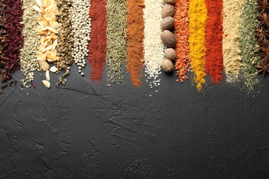 Photo of Many different spices on black table, flat lay. Space for text
