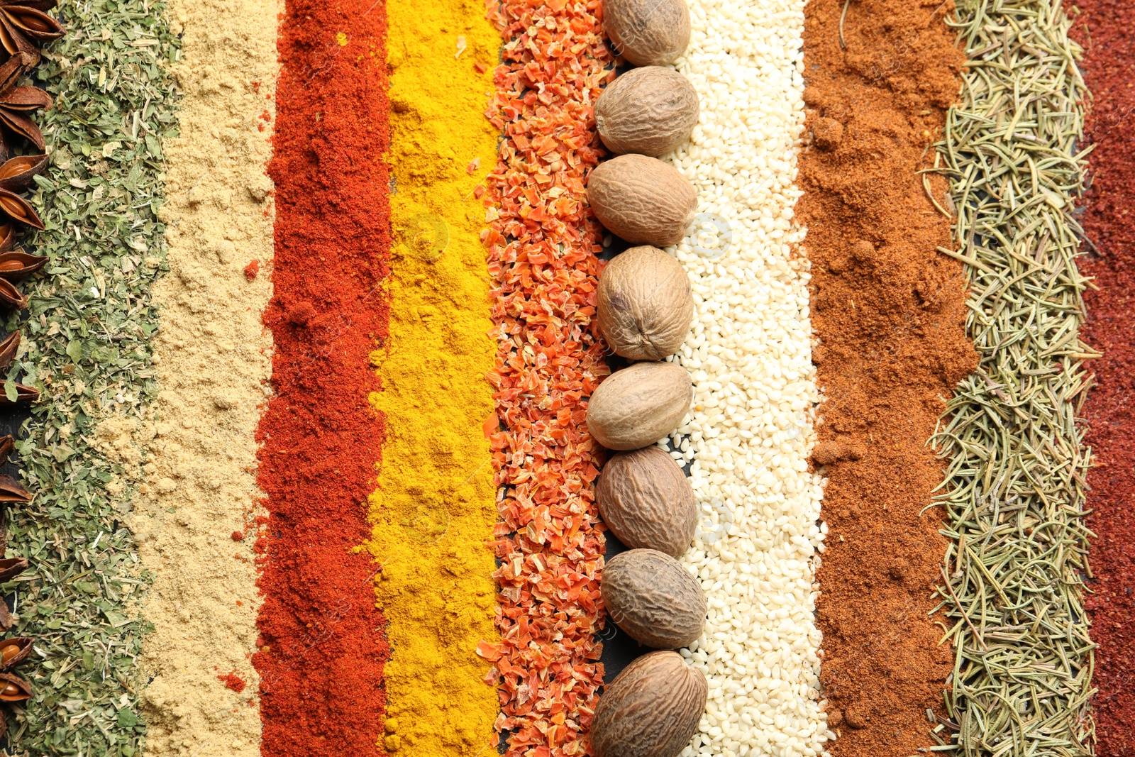 Many different spices as background, top view Photo of Many different spices as background, top view