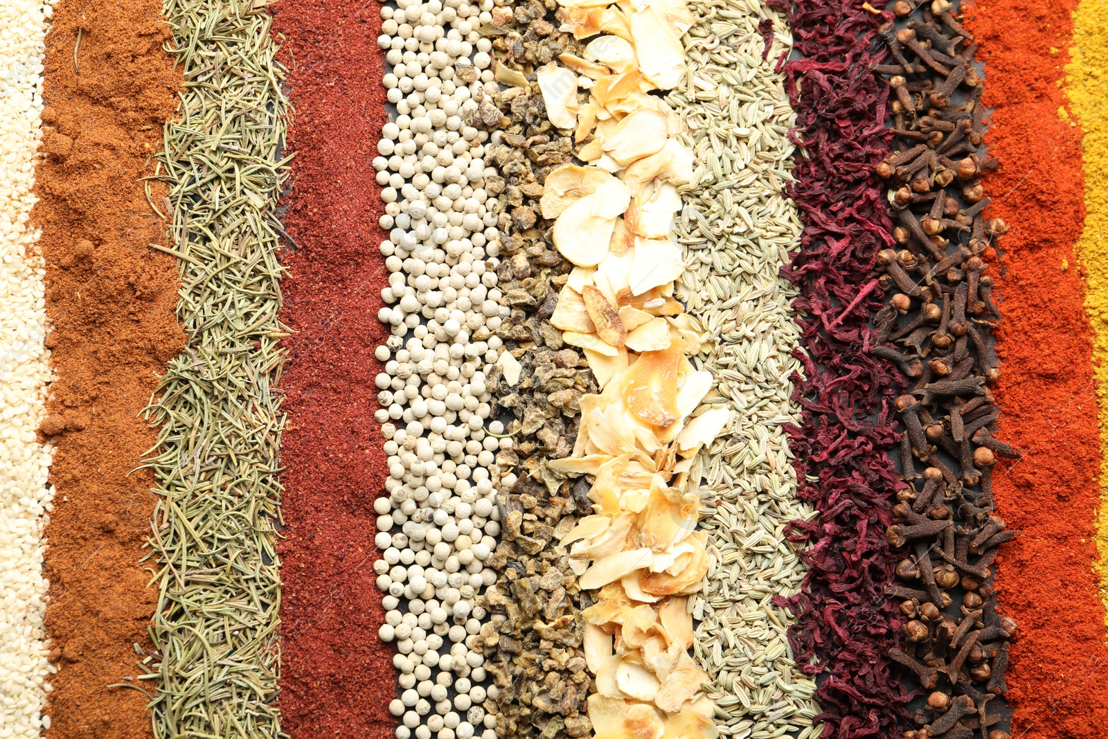 Many different spices as background, top view Photo of Many different spices as background, top view