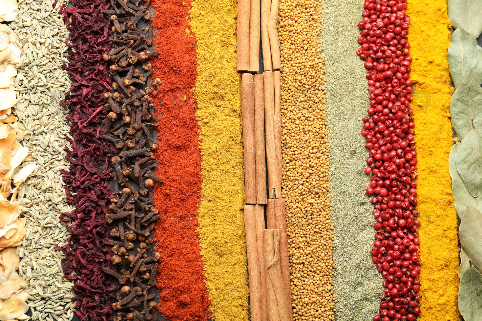 Many different spices as background, top view Photo of Many different spices as background, top view
