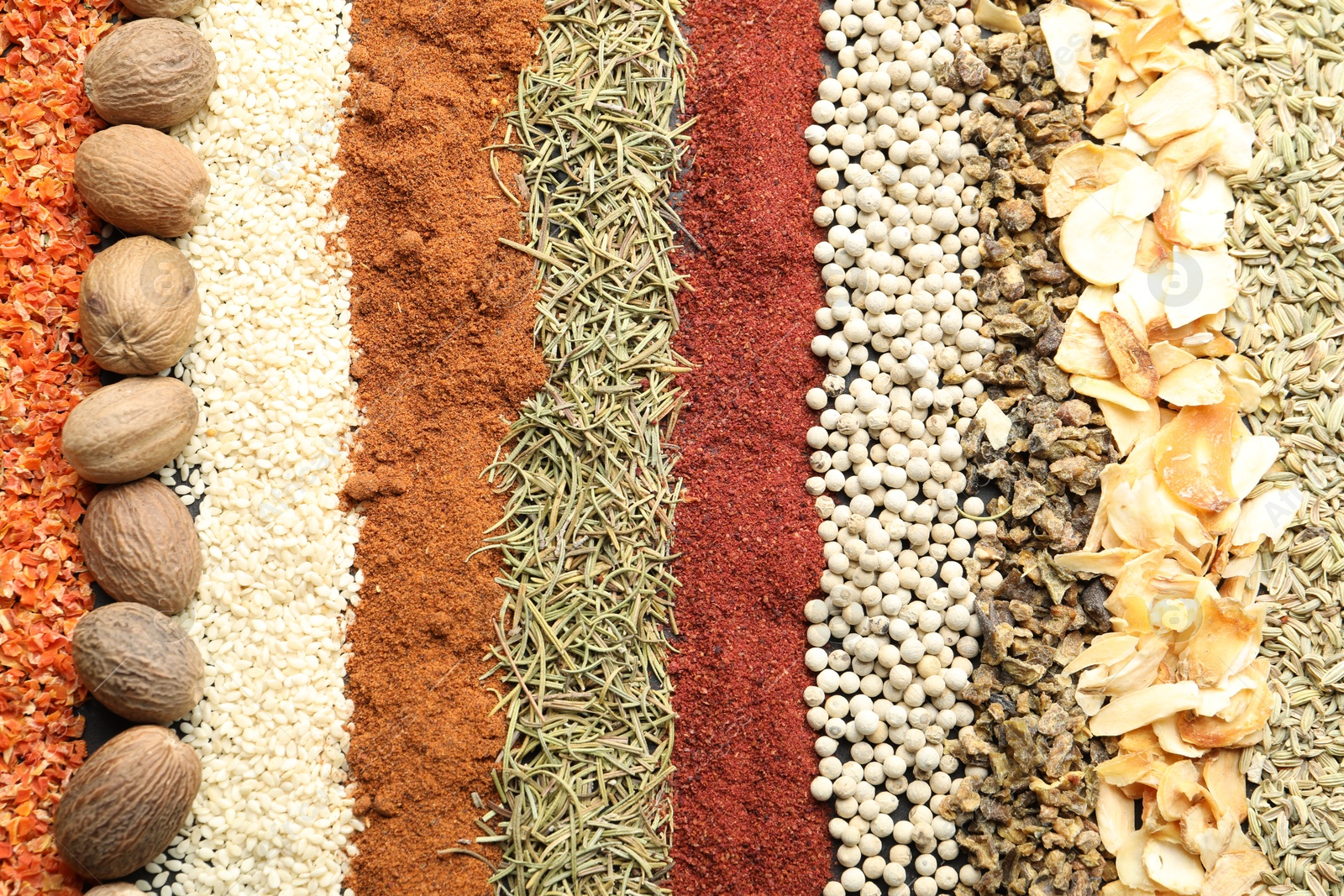 Photo of Many different spices as background, top view