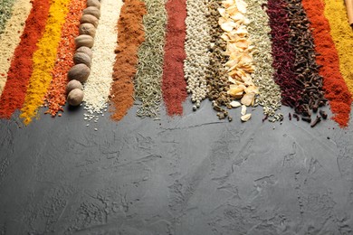 Photo of Many different spices on black table, closeup. Space for text
