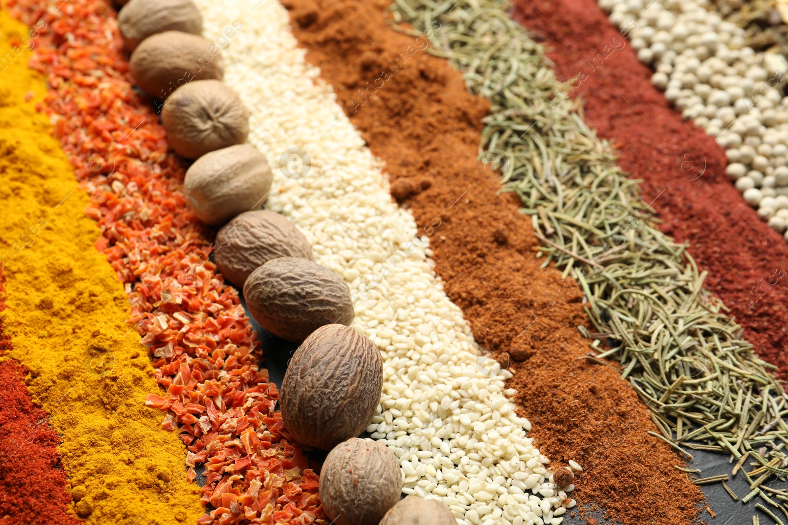 Photo of Many different spices as background, closeup view