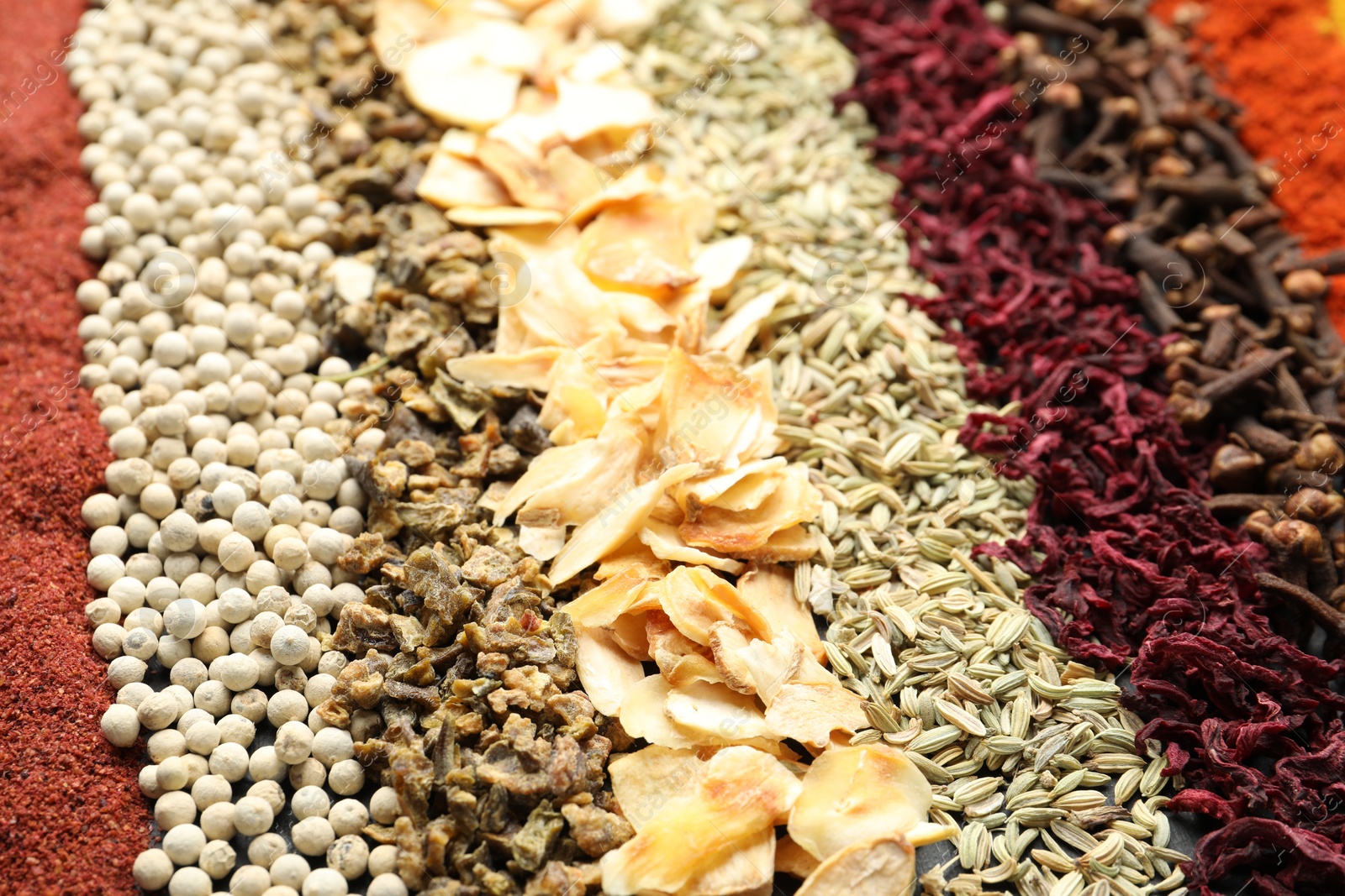 Many different spices as background, closeup view Photo of Many different spices as background, closeup view