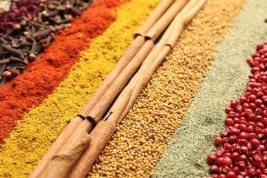Photo of Many different spices as background, closeup view