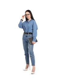 Photo of Full-length portrait of professional psychologist with notebook on white background