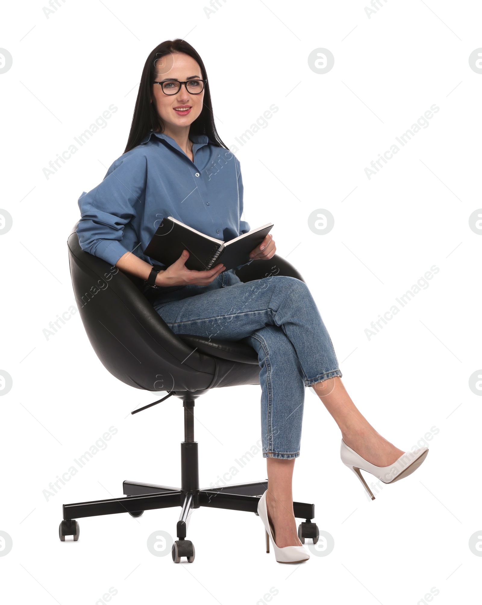 Professional psychologist with notebook in office chair on white background Photo of Professional psychologist with notebook in office chair on white background
