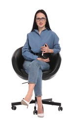 Photo of Professional psychologist with notebook in office chair on white background