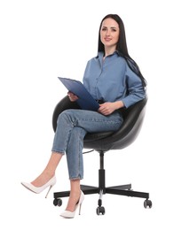 Photo of Professional psychologist with clipboard in office chair on white background