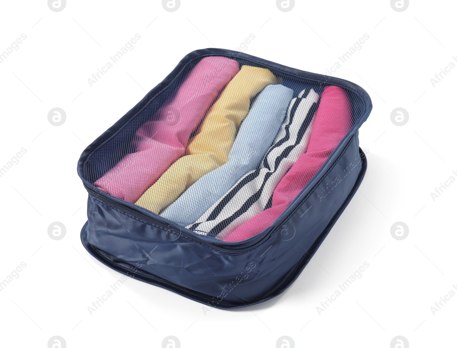 One packing cube with folded clothes isolated on white Photo of One packing cube with folded clothes isolated on white