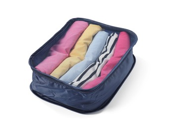 Photo of One packing cube with folded clothes isolated on white