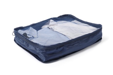 Photo of One packing cube with folded clothes isolated on white