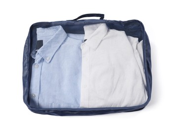 Photo of One packing cube with folded clothes isolated on white, top view