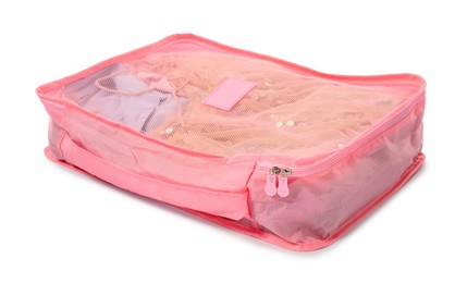Photo of One packing cube with folded clothes isolated on white