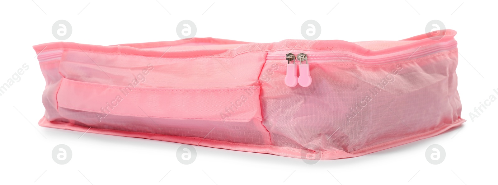One pink packing cube isolated on white Photo of One pink packing cube isolated on white