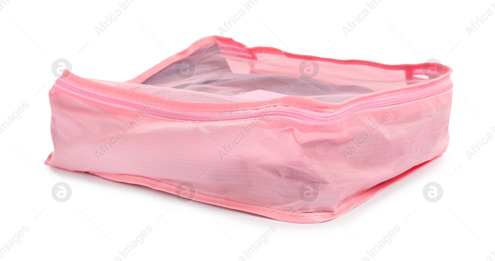 One pink packing cube isolated on white Photo of One pink packing cube isolated on white