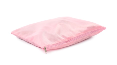 Photo of One pink packing pouch isolated on white