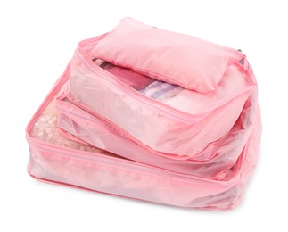 Photo of Stack of packing cubes isolated on white