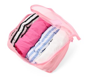 Photo of One pink packing cube isolated on white, above view
