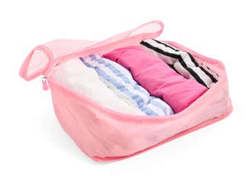 Photo of One pink packing cube isolated on white