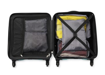 Photo of Open suitcase with packing cubes isolated on white, top view