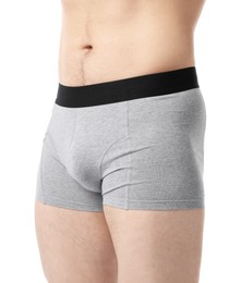 Photo of Young man in stylish light grey underwear on white background, closeup