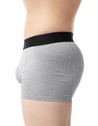 Photo of Young man in stylish light grey underwear on white background, closeup