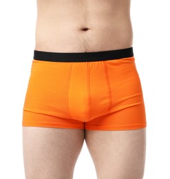 Photo of Young man in stylish orange underwear on white background, closeup