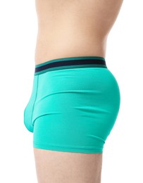 Photo of Young man in stylish turquoise underwear on white background, closeup