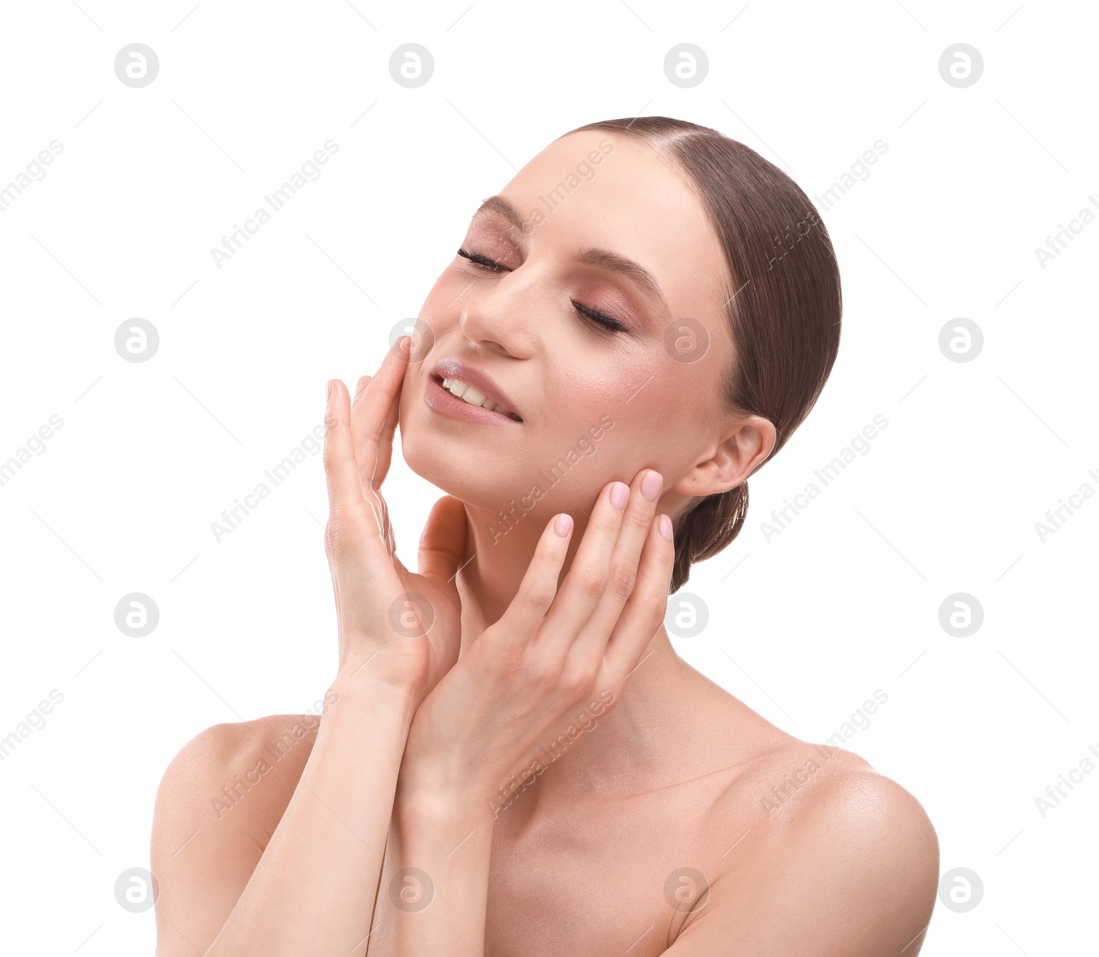 Portrait of beautiful young woman on white background Photo of Portrait of beautiful young woman on white background