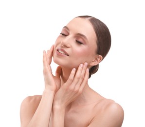Photo of Portrait of beautiful young woman on white background