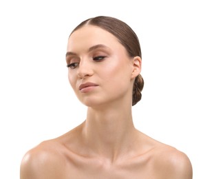 Photo of Portrait of beautiful young woman on white background