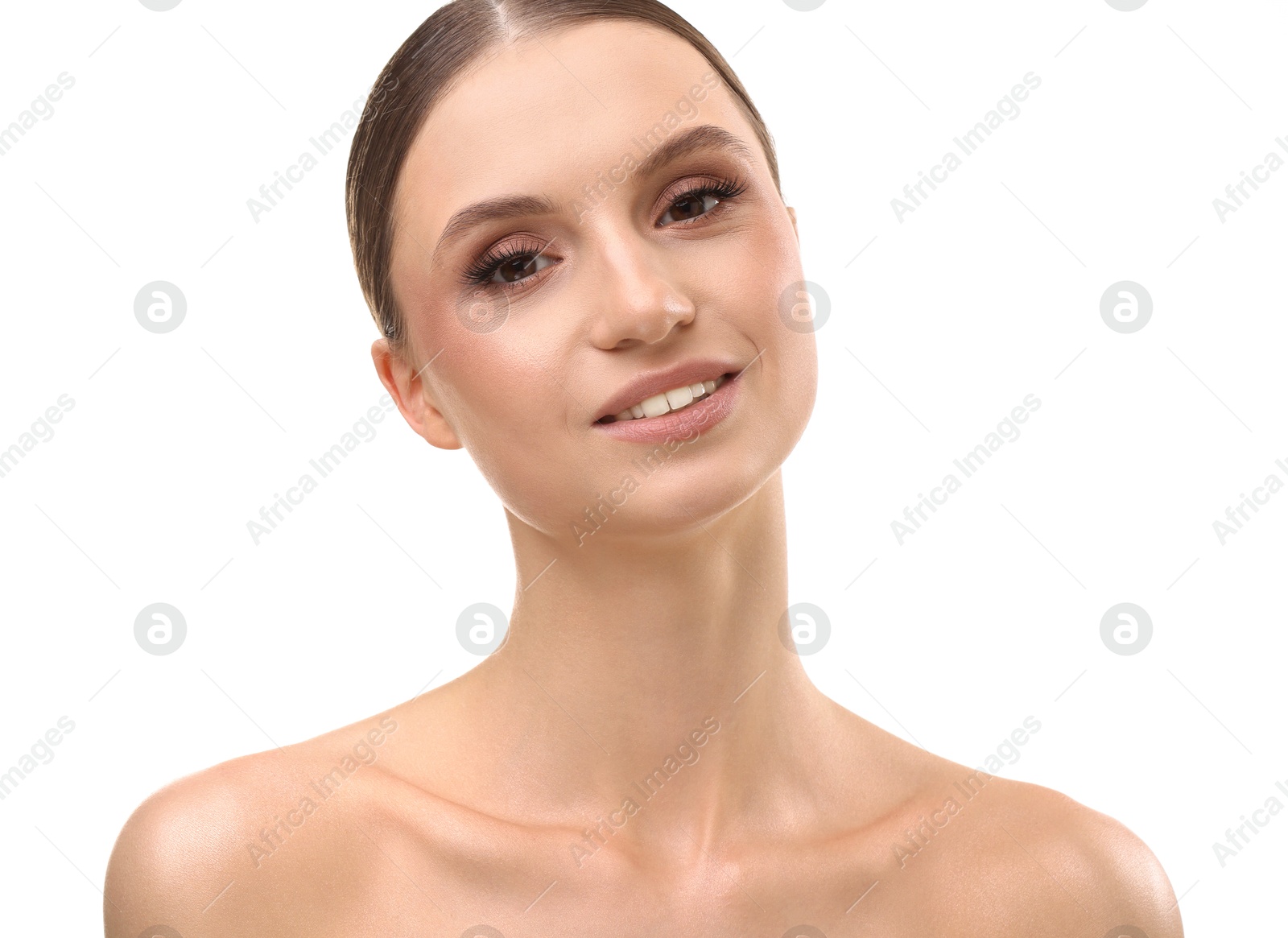 Portrait of beautiful young woman on white background Photo of Portrait of beautiful young woman on white background