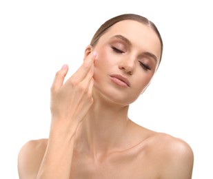 Photo of Portrait of beautiful young woman on white background