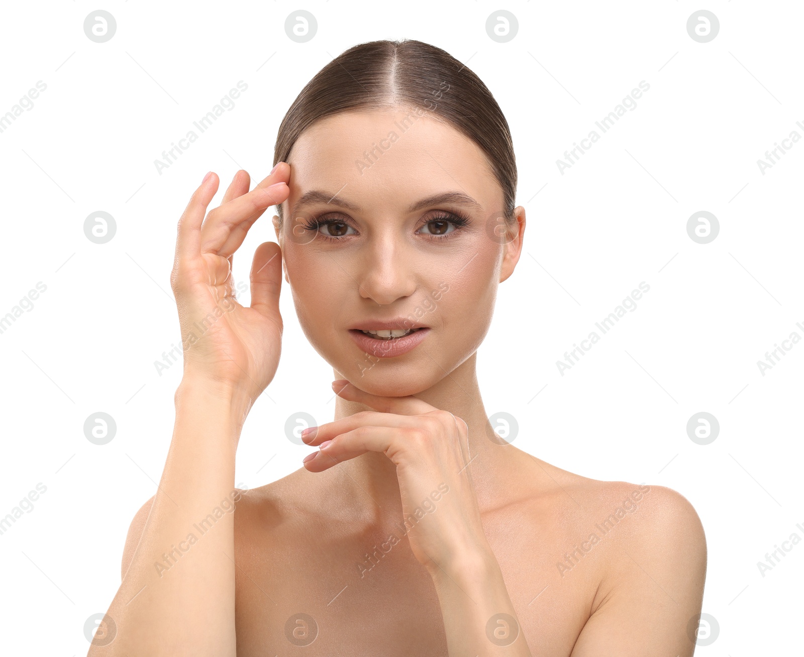 Portrait of beautiful young woman on white background Photo of Portrait of beautiful young woman on white background
