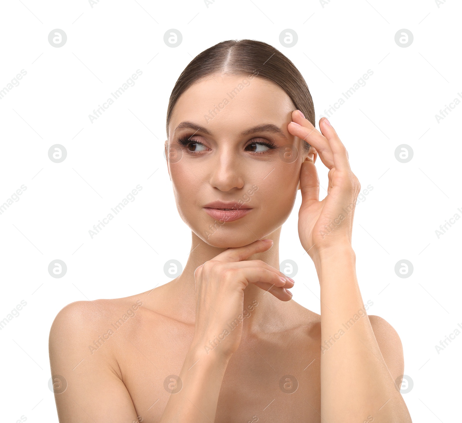 Portrait of beautiful young woman on white background Photo of Portrait of beautiful young woman on white background